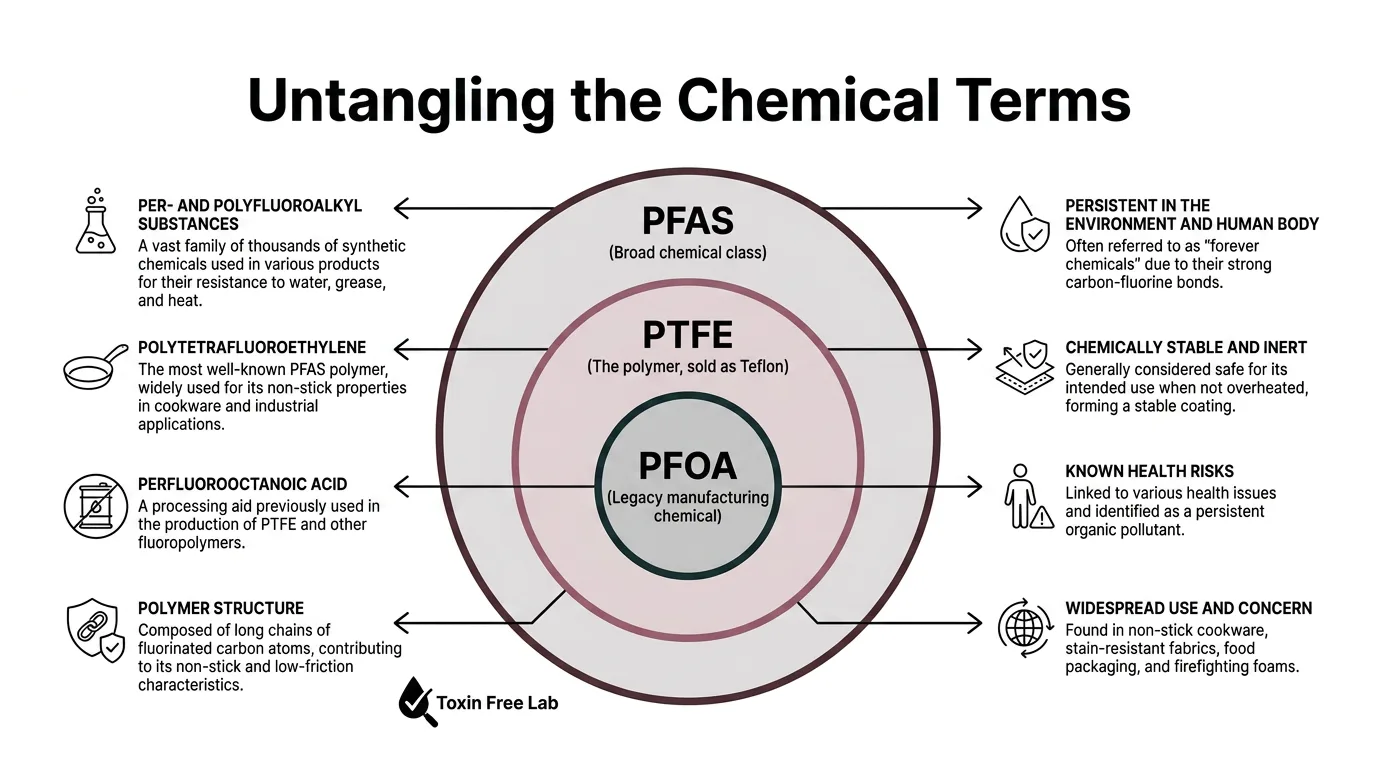 Diagram of the relationship between PFAS, PTFE and PFOA